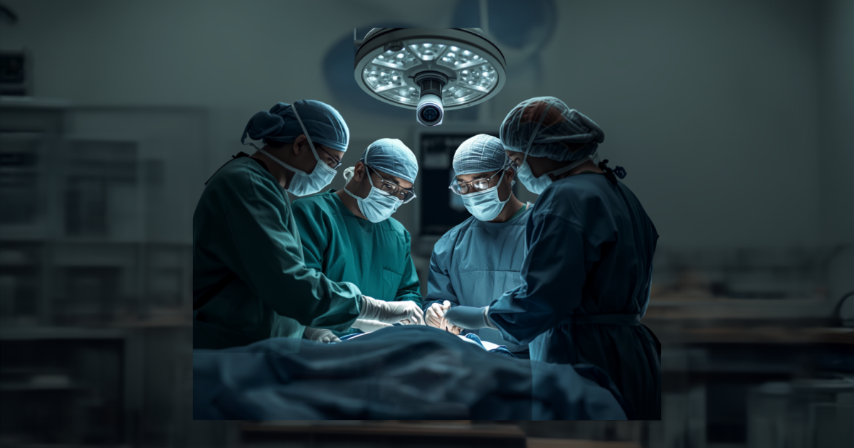 Equipe médica em centro cirúrgico durante uma cirurgia em andamento